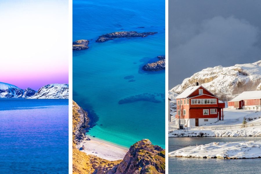 Collage of Sommarøy Island with snowy hills in the background, Sommarøy Island's sea, and colorful houses in Tromsø.