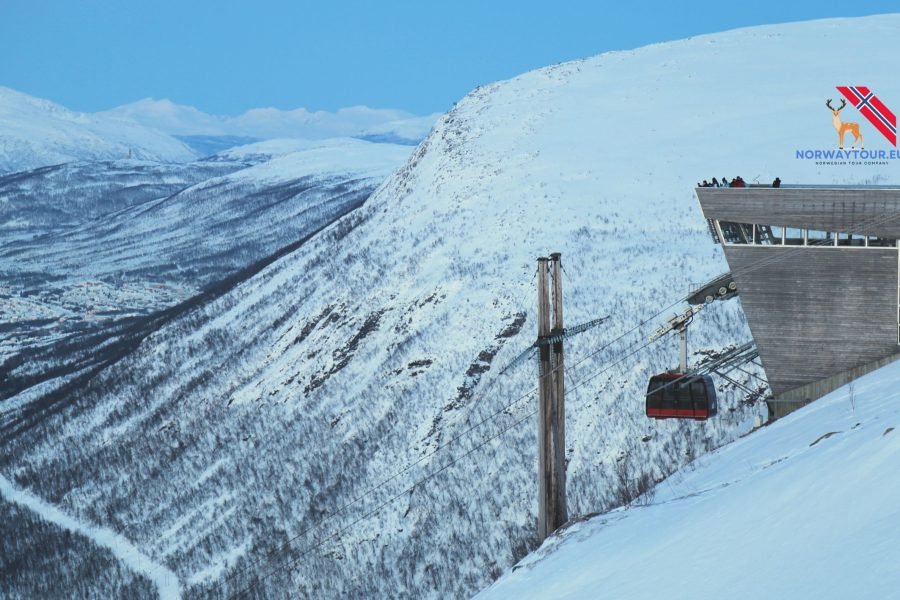 Tromsø Cable Car station covered in snow during winter.