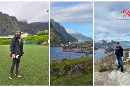 Collage of happy travelers on the 11 days Norway northern lights tour package with norwaytour.eu