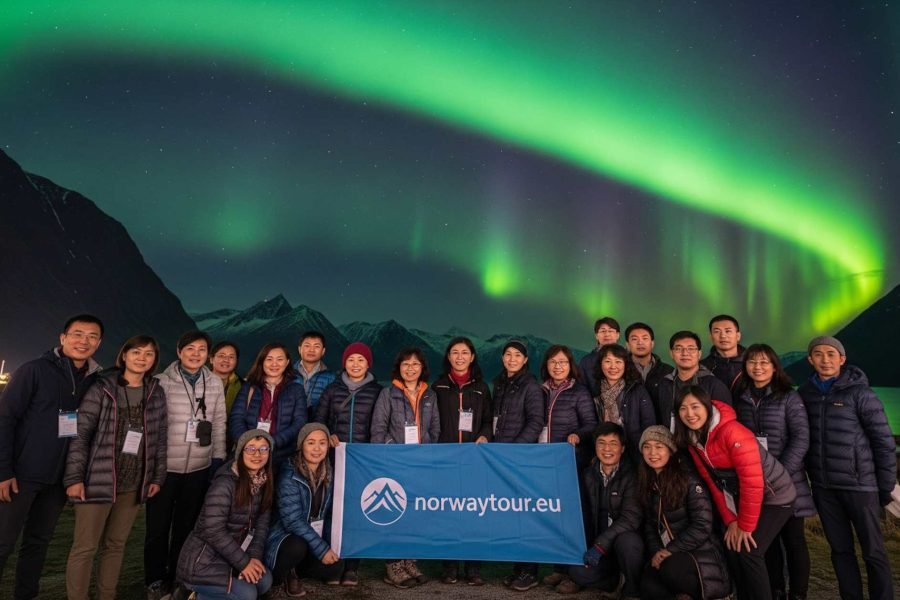 Group of tourists enjoying long duration Northern lights tour from Tromso holding a norwaytour.eu banner under the Aurora Borealis