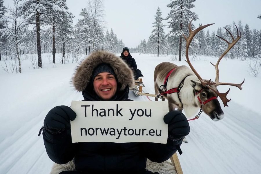 Tourist holding an A4 paper with norwaytour.eu logo, sitting on a reindeer sledge during a scenic Reindeer Sledge tour in Tromso