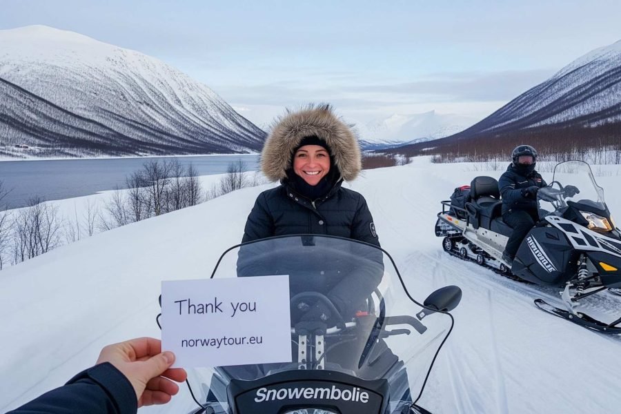Woman sitting on a snowmobile posing as another person photographs her holding a “Thank You” card from norwaytour.eu on snowy terrain for Snowmobile tour in Tromso.