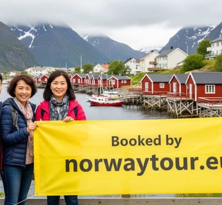Travelers posing with scenic backdrop during their Lofoten Islands tour from Svolvaer booked by norwaytour.eu