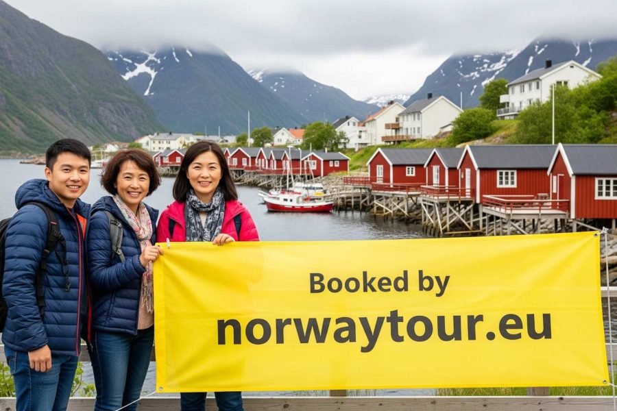 Travelers posing with scenic backdrop during their Lofoten Islands tour from Svolvaer booked by norwaytour.eu