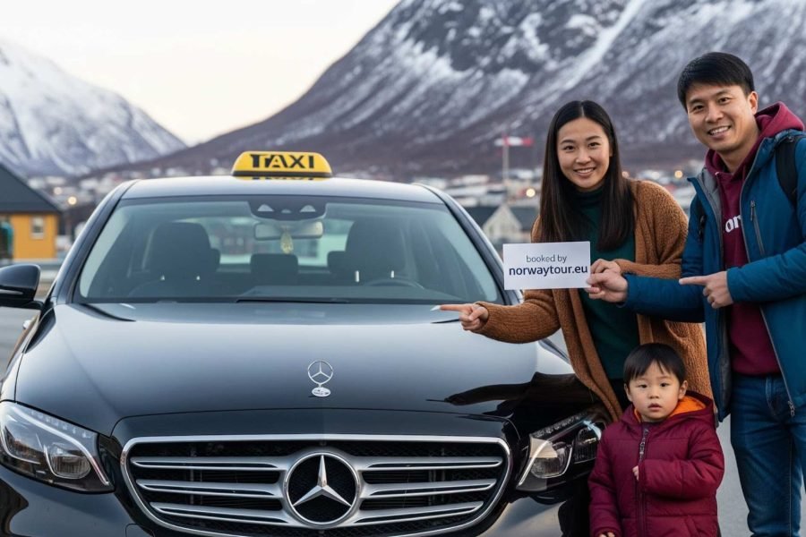 Asian family standing in front of a cab holding a placard that reads “Booked by NorwayTour.eu” after their Tromso to Kiruna private cab transfer.