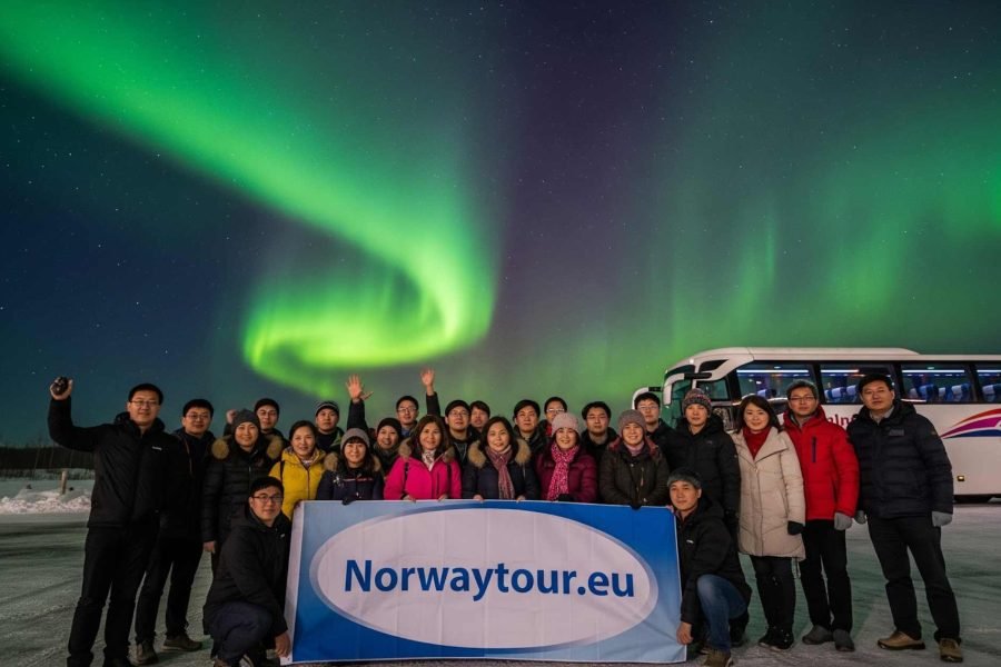 A group of smiling tourists from Singapore stands together in a snowy landscape at night, illuminated by the vibrant green glow of the Northern Lights, with their tour bus visible in the background near Tromsø, Norway.